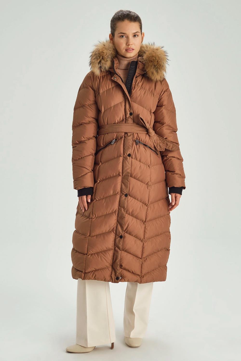 Kapüşonlu Kürklü Şişme Kadın Kaban