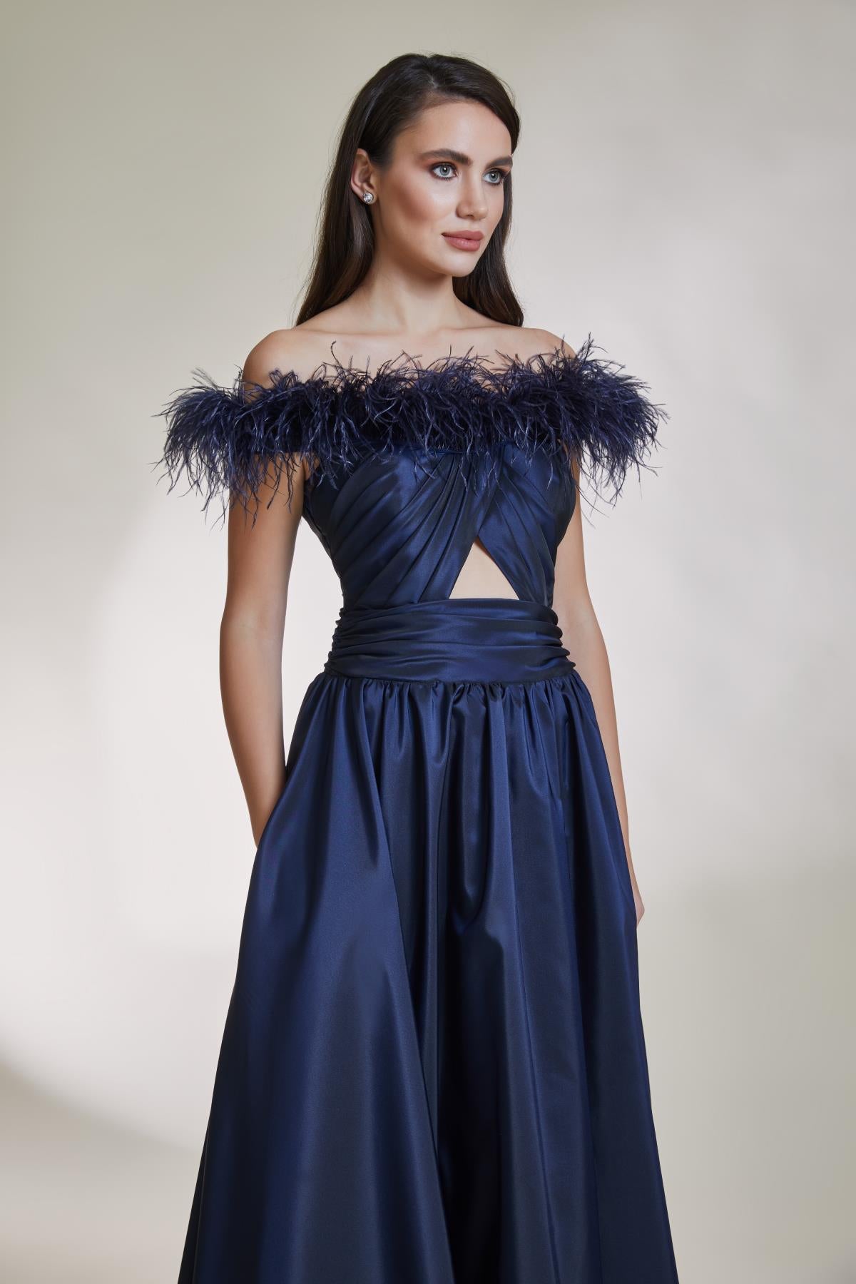 A Cut Long Evening Dress with Pleated Collar and Window