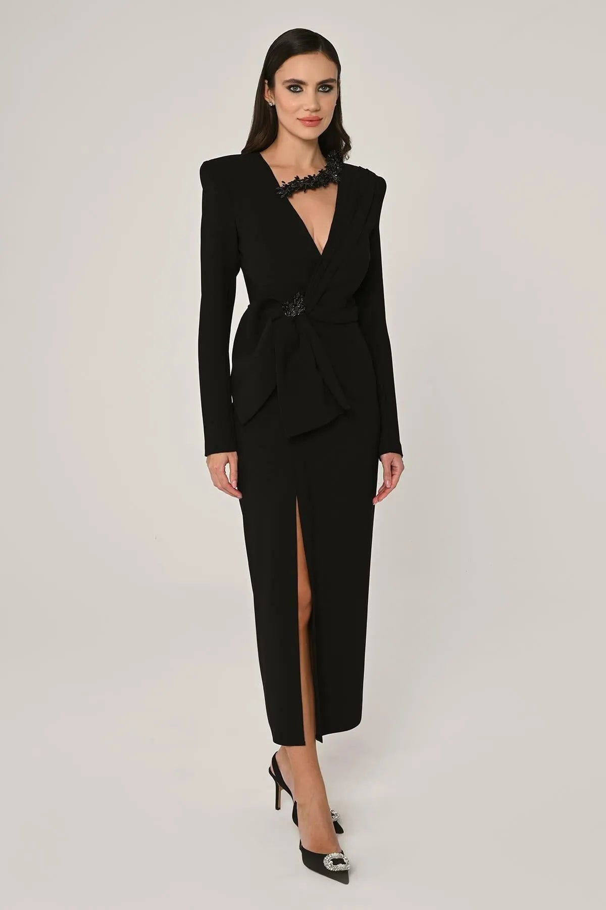 Midi Evening Dress with Window Detail on the Collar and Slit in the Front