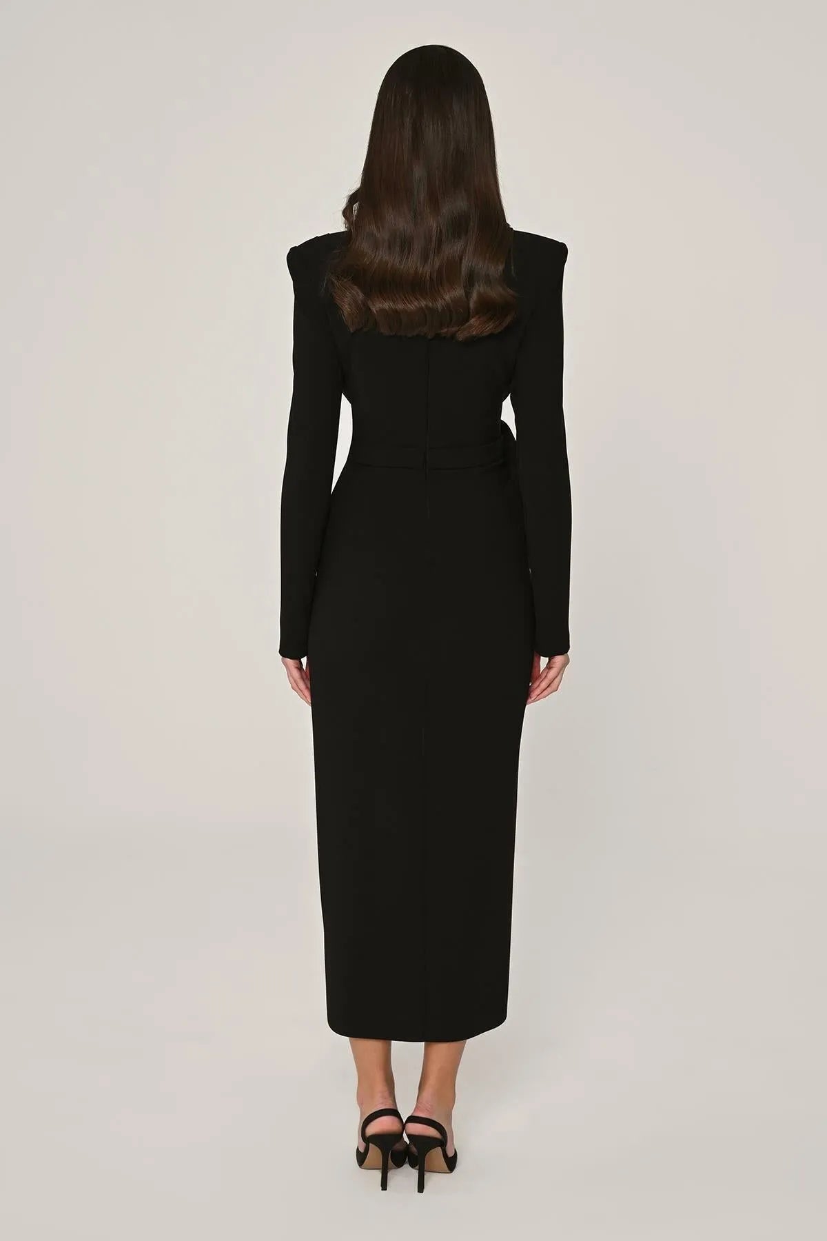 Midi Evening Dress with Window Detail on the Collar and Slit in the Front