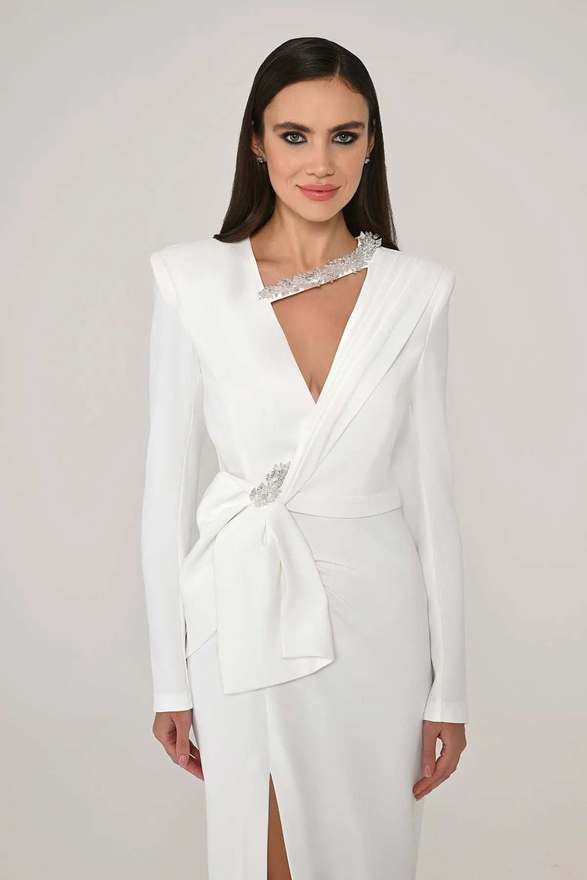 Midi Evening Dress with Window Detail on the Collar and Slit in the Front