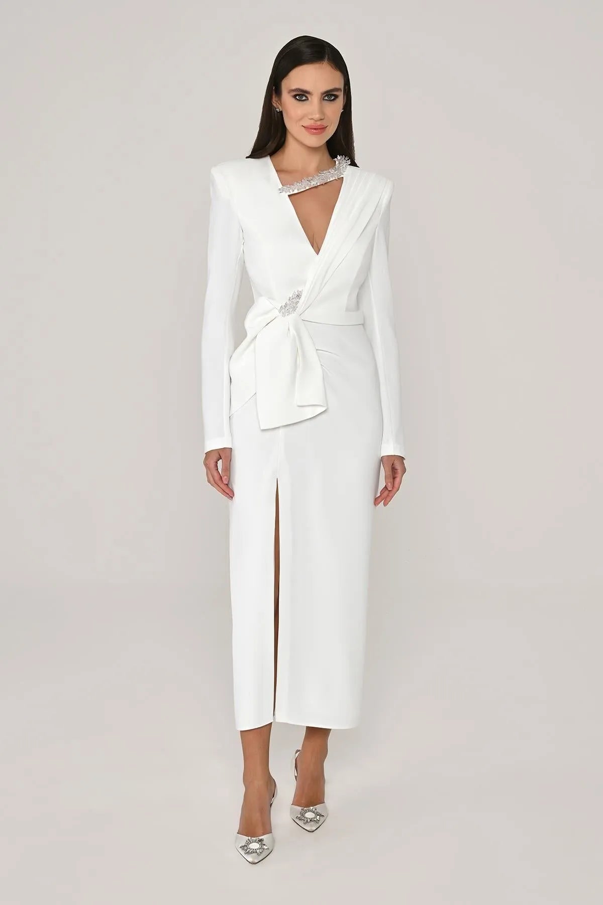 Midi Evening Dress with Window Detail on the Collar and Slit in the Front