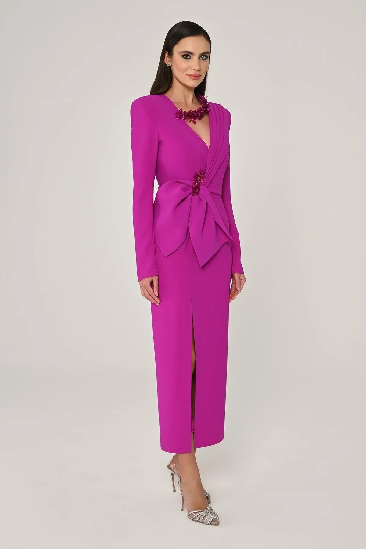 Midi Evening Dress with Window Detail on the Collar and Slit in the Front