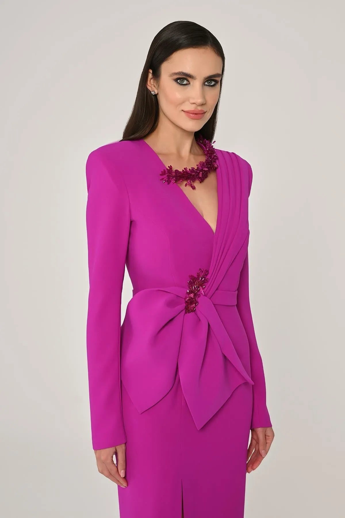 Midi Evening Dress with Window Detail on the Collar and Slit in the Front