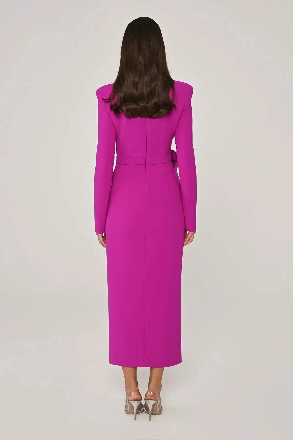 Midi Evening Dress with Window Detail on the Collar and Slit in the Front