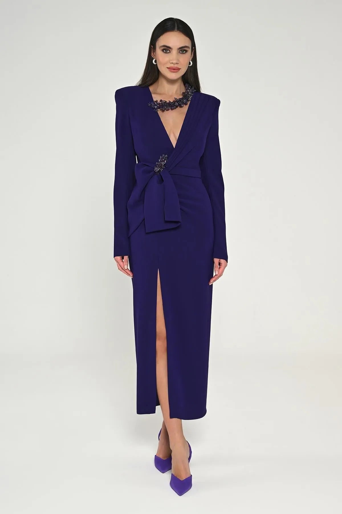 Midi Evening Dress with Window Detail on the Collar and Slit in the Front