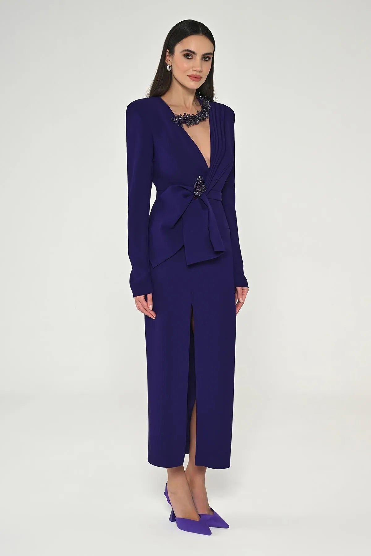 Midi Evening Dress with Window Detail on the Collar and Slit in the Front