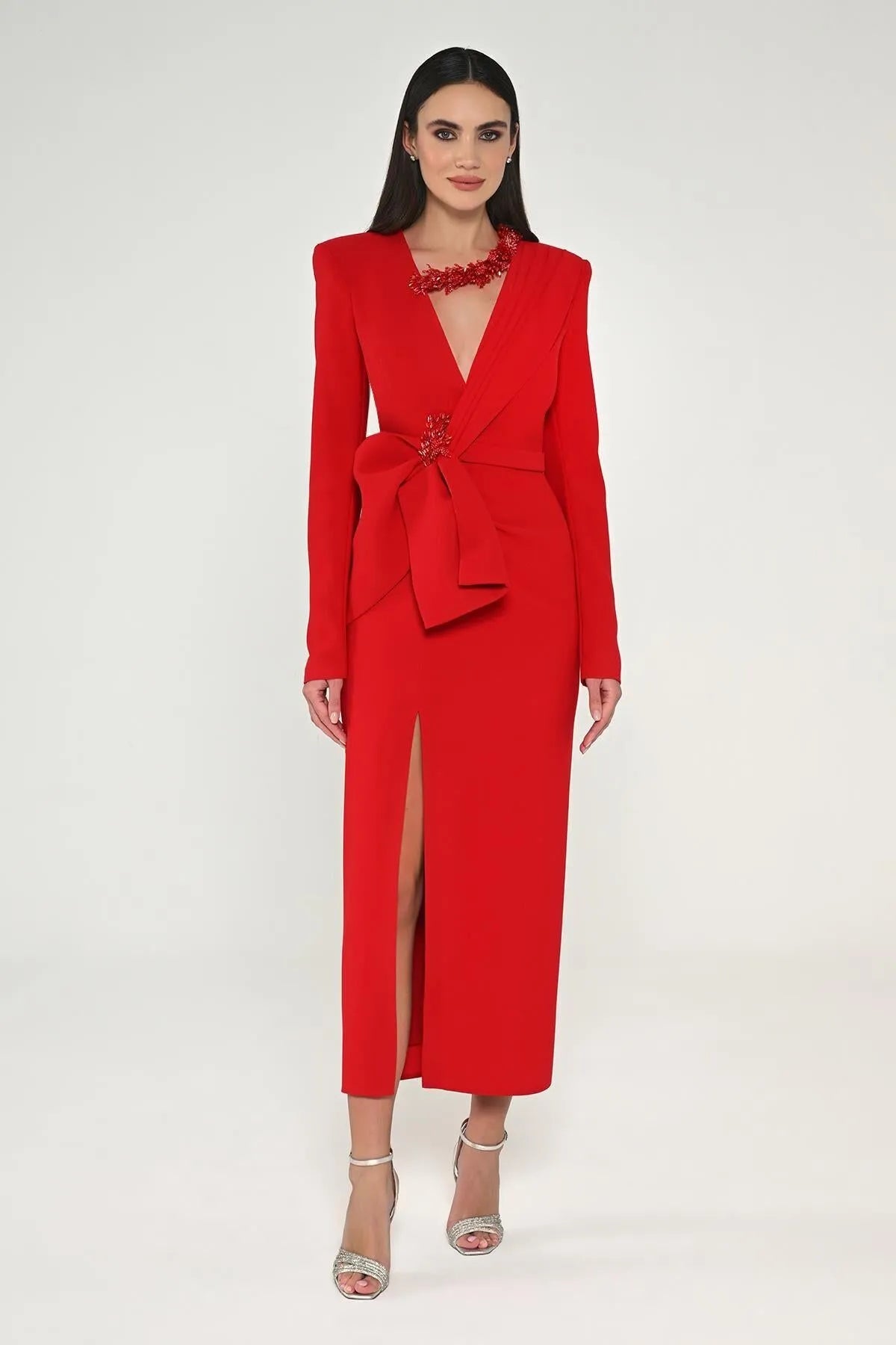 Midi Evening Dress with Window Detail on the Collar and Slit in the Front