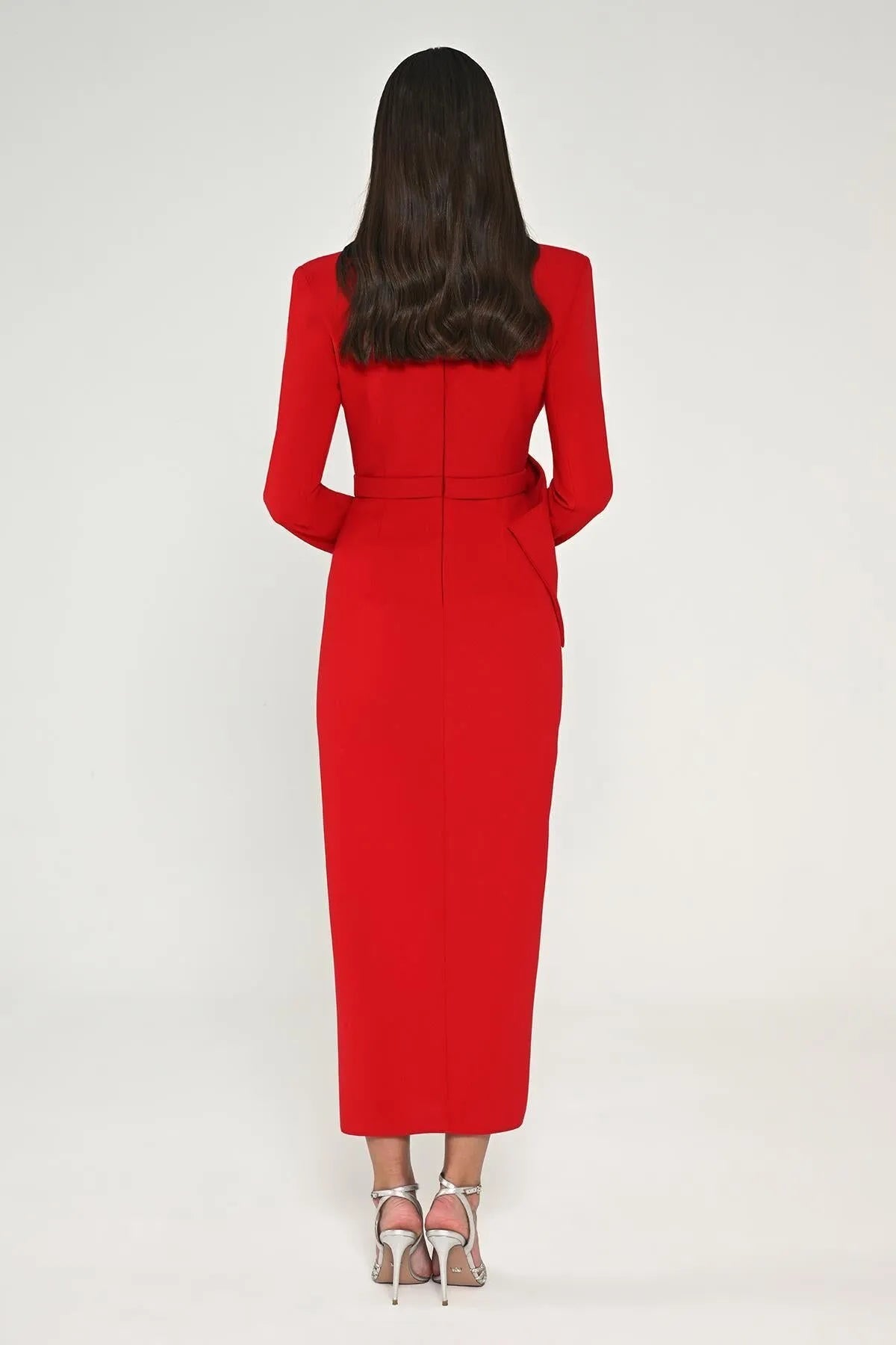 Midi Evening Dress with Window Detail on the Collar and Slit in the Front