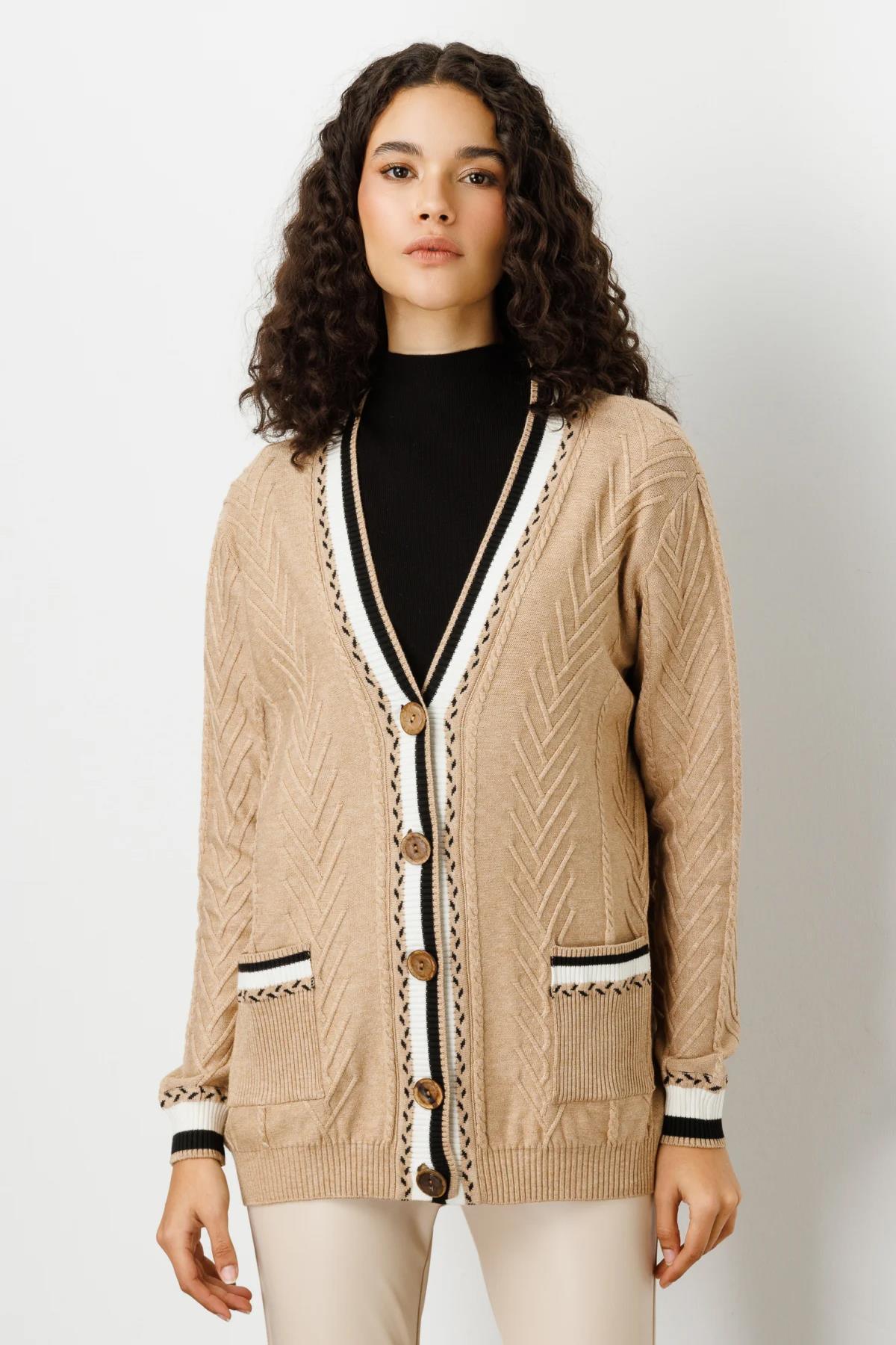 Yakası Ve Kolları Renkli Ribanalı Düğmeli V Yaka Hırka - Eser Giyim