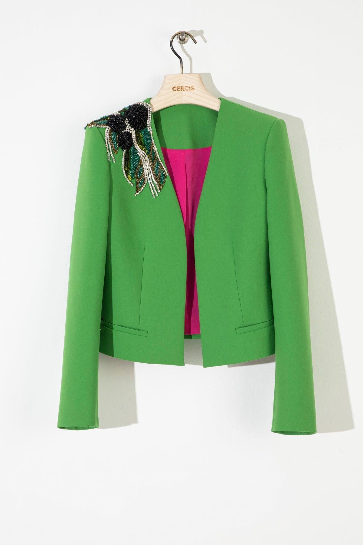 Yeşil Kasnak İşleme Kısa Kadın Ceket - Eser Giyim