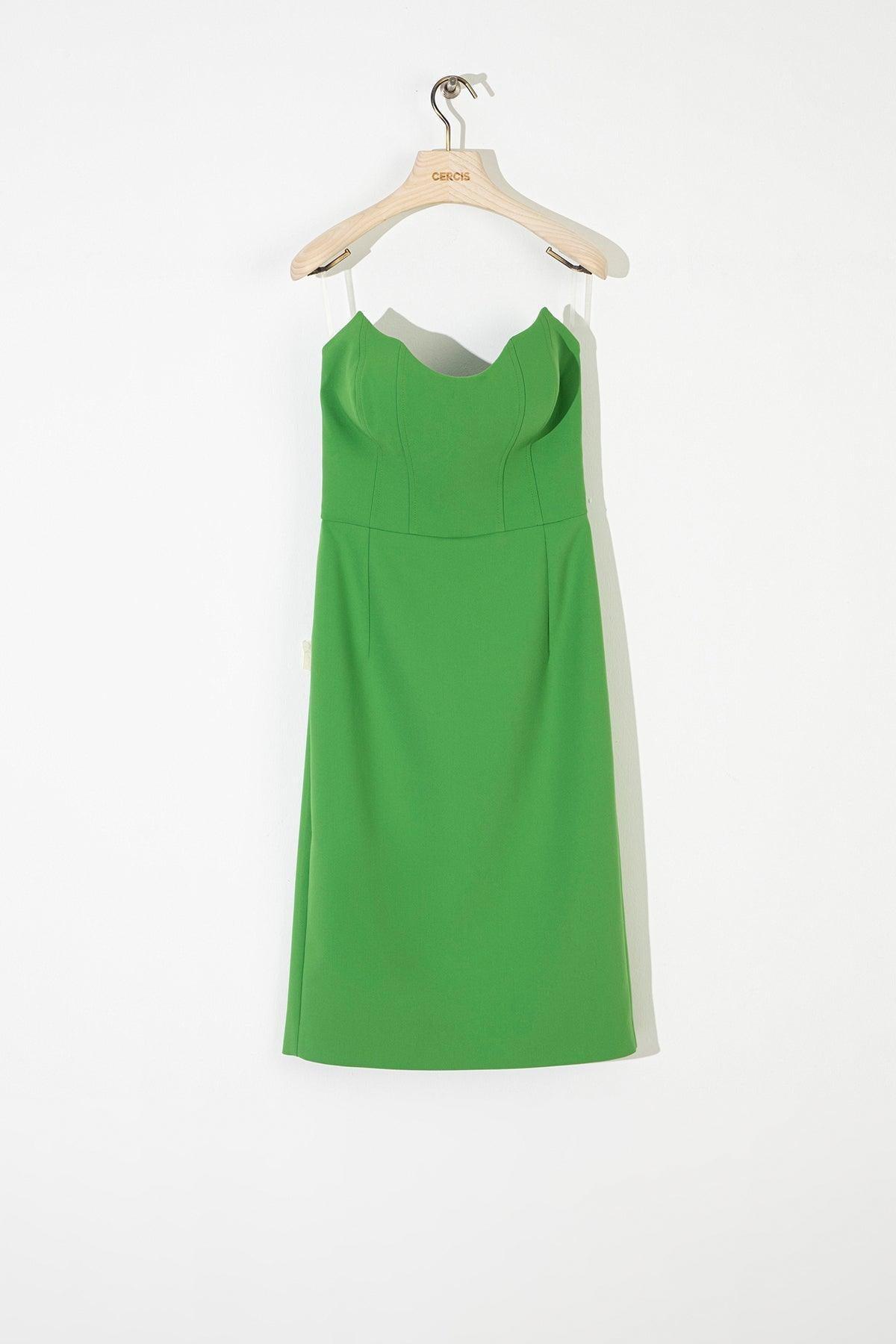Yeşil Straplez Yırtmaçlı Midi Boy Elbise - Eser Giyim