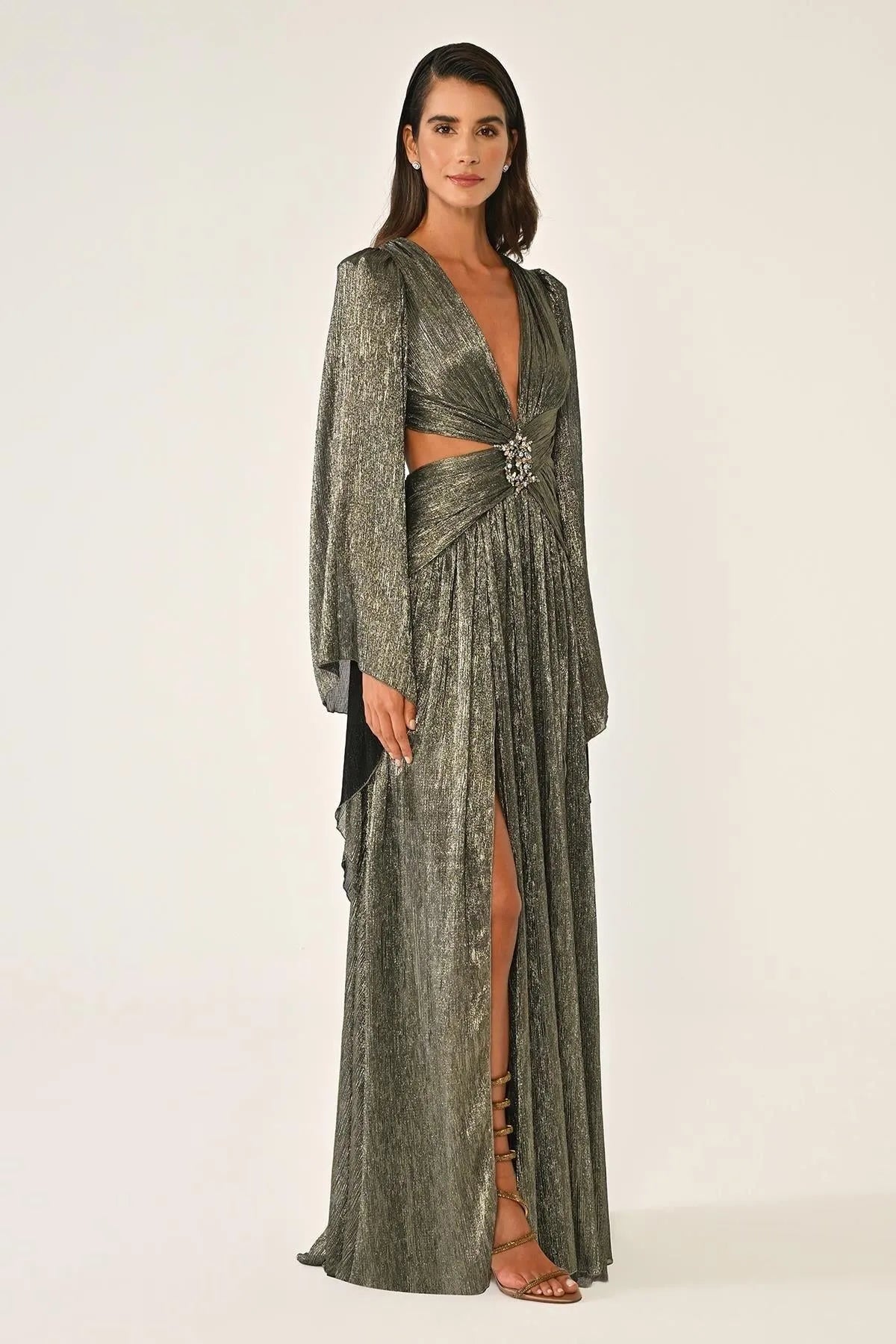 V Neck Low Back Neckline Brooch Front Chiffon Long Evening Dress