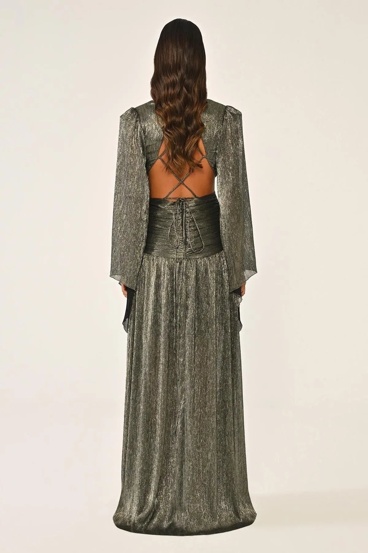 V Neck Low Back Neckline Brooch Front Chiffon Long Evening Dress