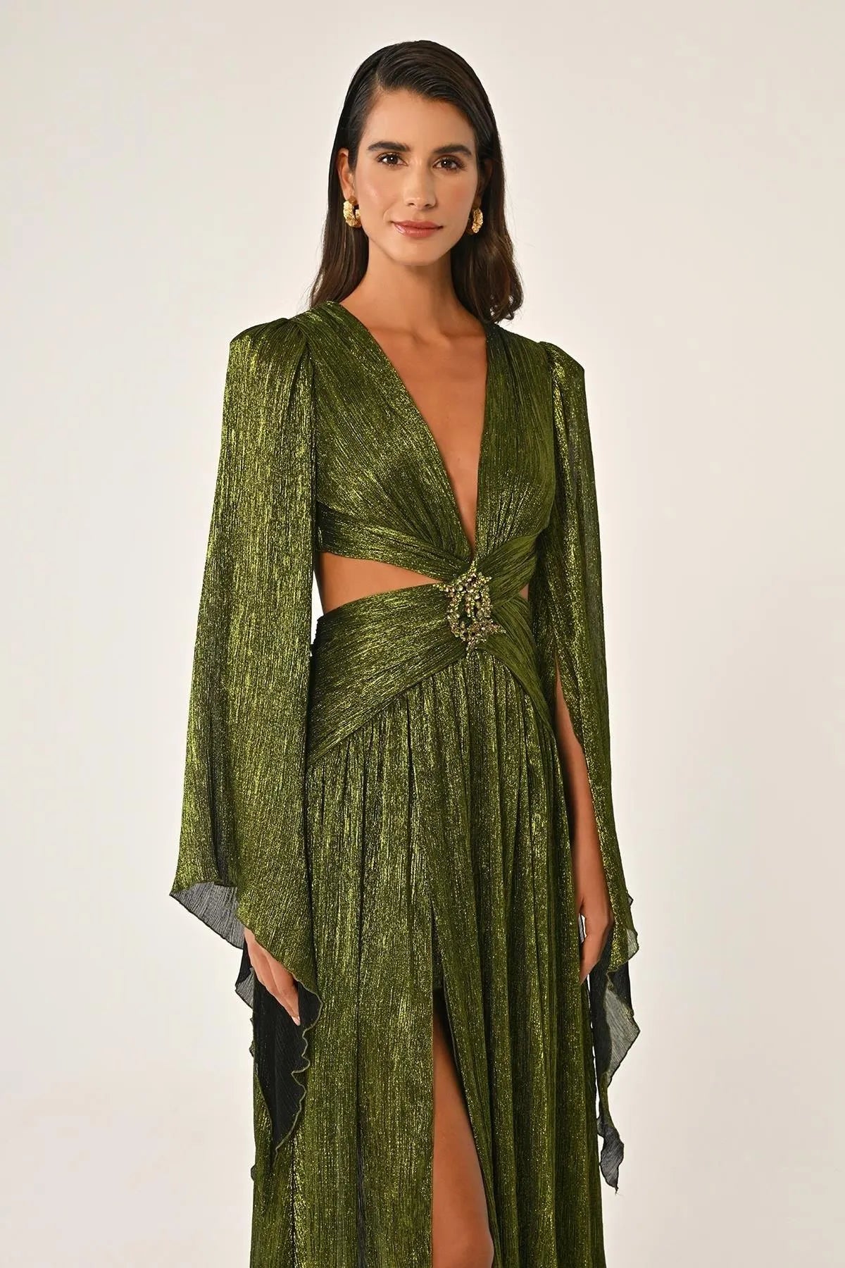 V Neck Low Back Neckline Brooch Front Chiffon Long Evening Dress