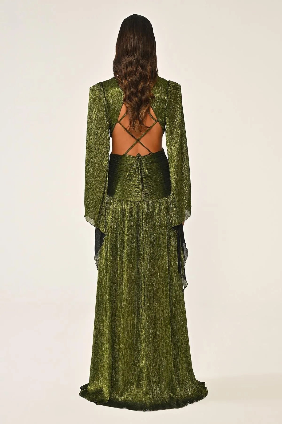 V Neck Low Back Neckline Brooch Front Chiffon Long Evening Dress