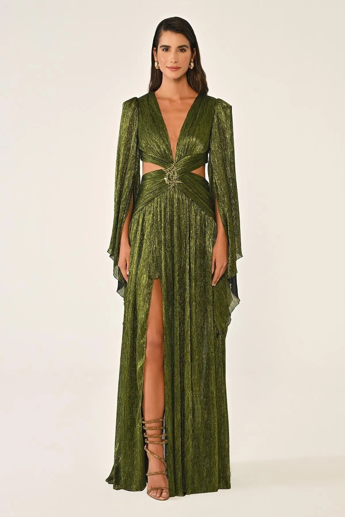 V Neck Low Back Neckline Brooch Front Chiffon Long Evening Dress