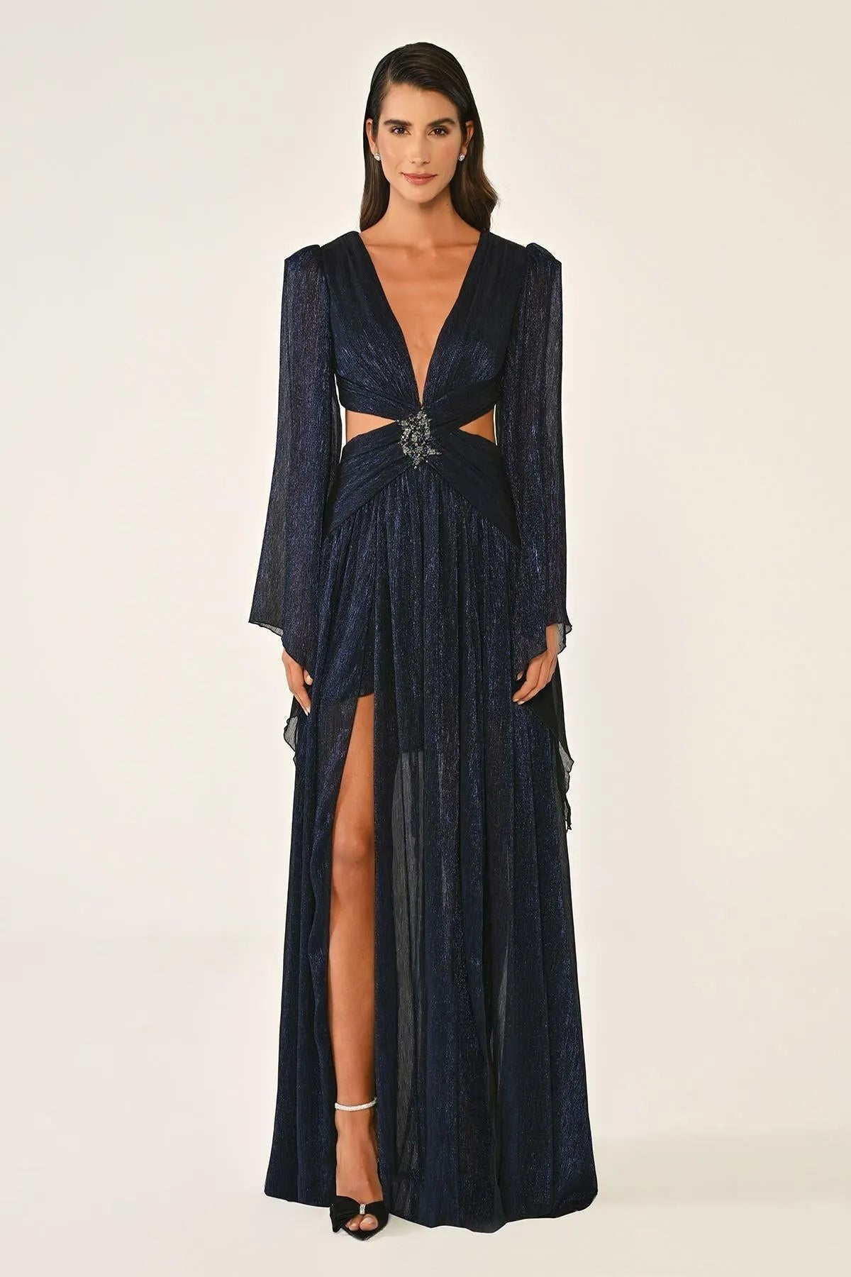 V Neck Low Back Neckline Brooch Front Chiffon Long Evening Dress