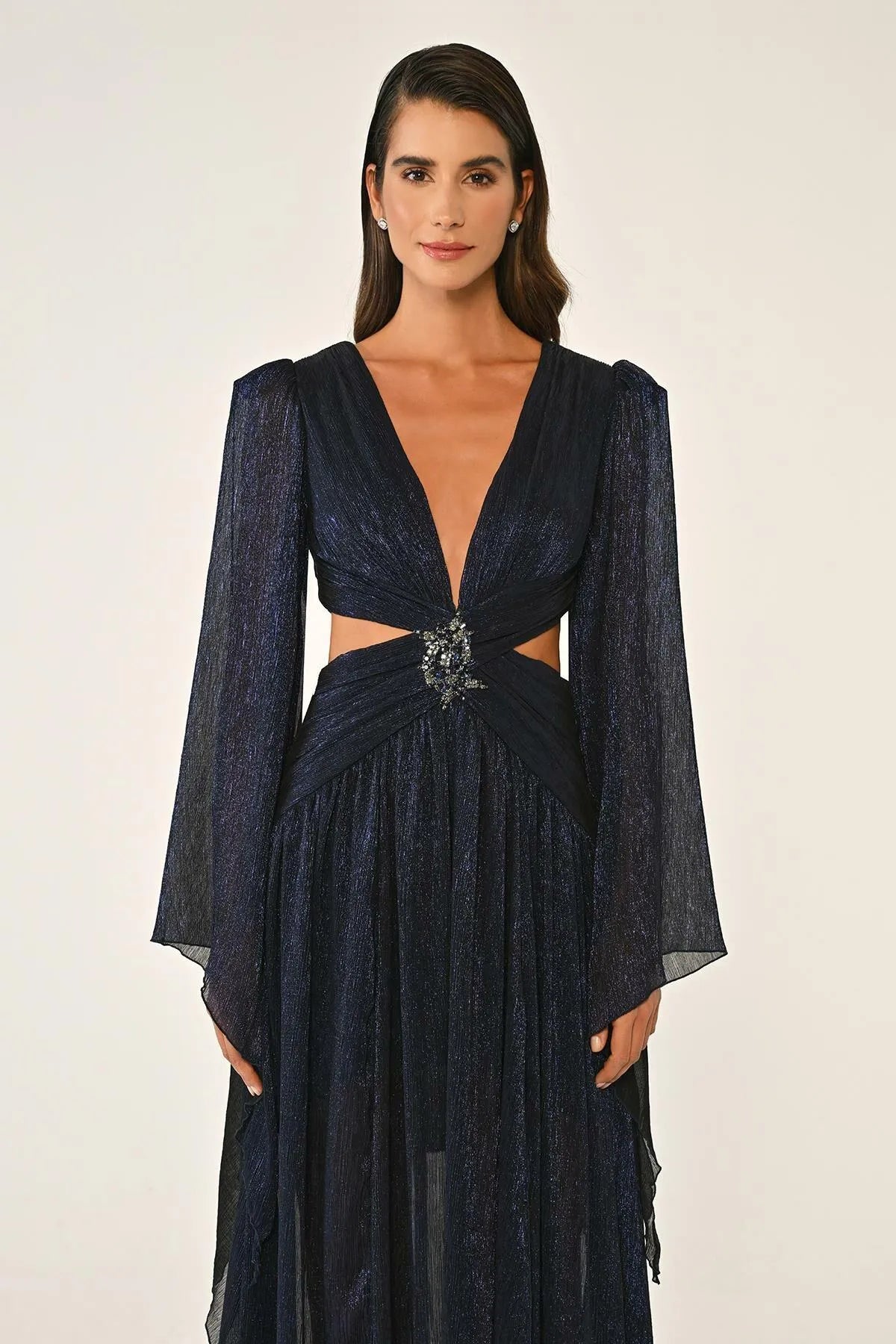 V Neck Low Back Neckline Brooch Front Chiffon Long Evening Dress