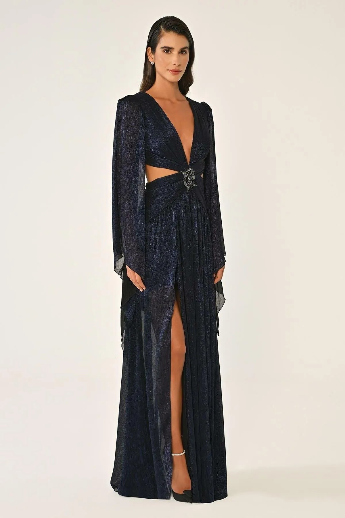 V Neck Low Back Neckline Brooch Front Chiffon Long Evening Dress