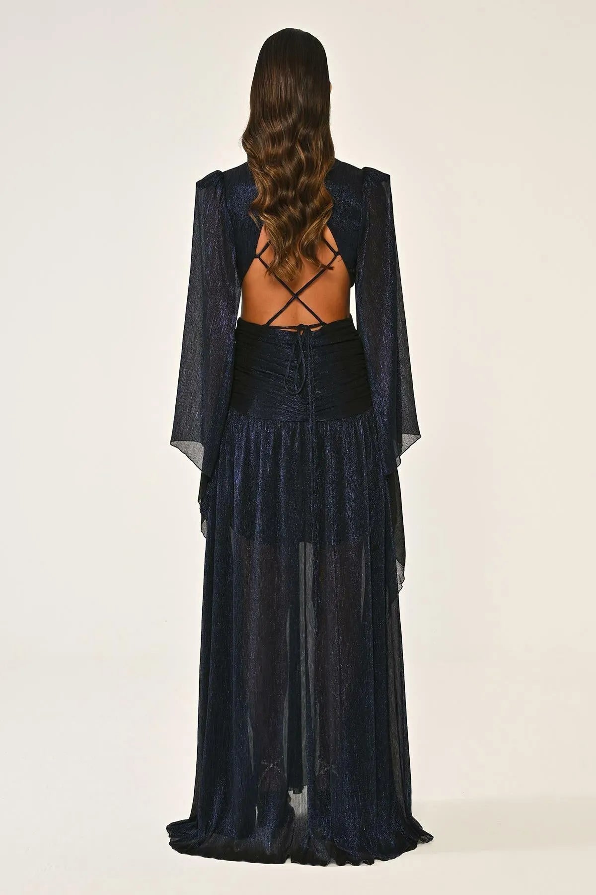 V Neck Low Back Neckline Brooch Front Chiffon Long Evening Dress