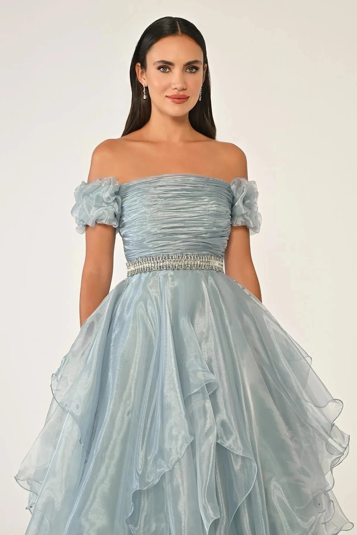 Off Shoulder Layered Princess Skirt Organza Long Evening Dress