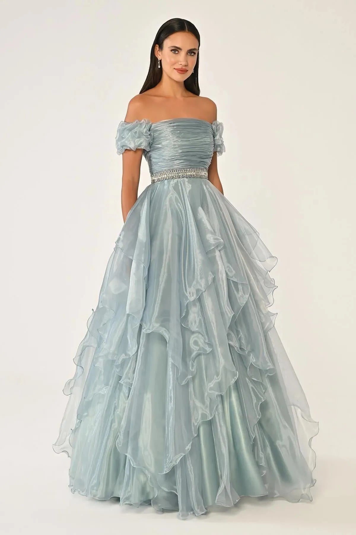 Off Shoulder Layered Princess Skirt Organza Long Evening Dress