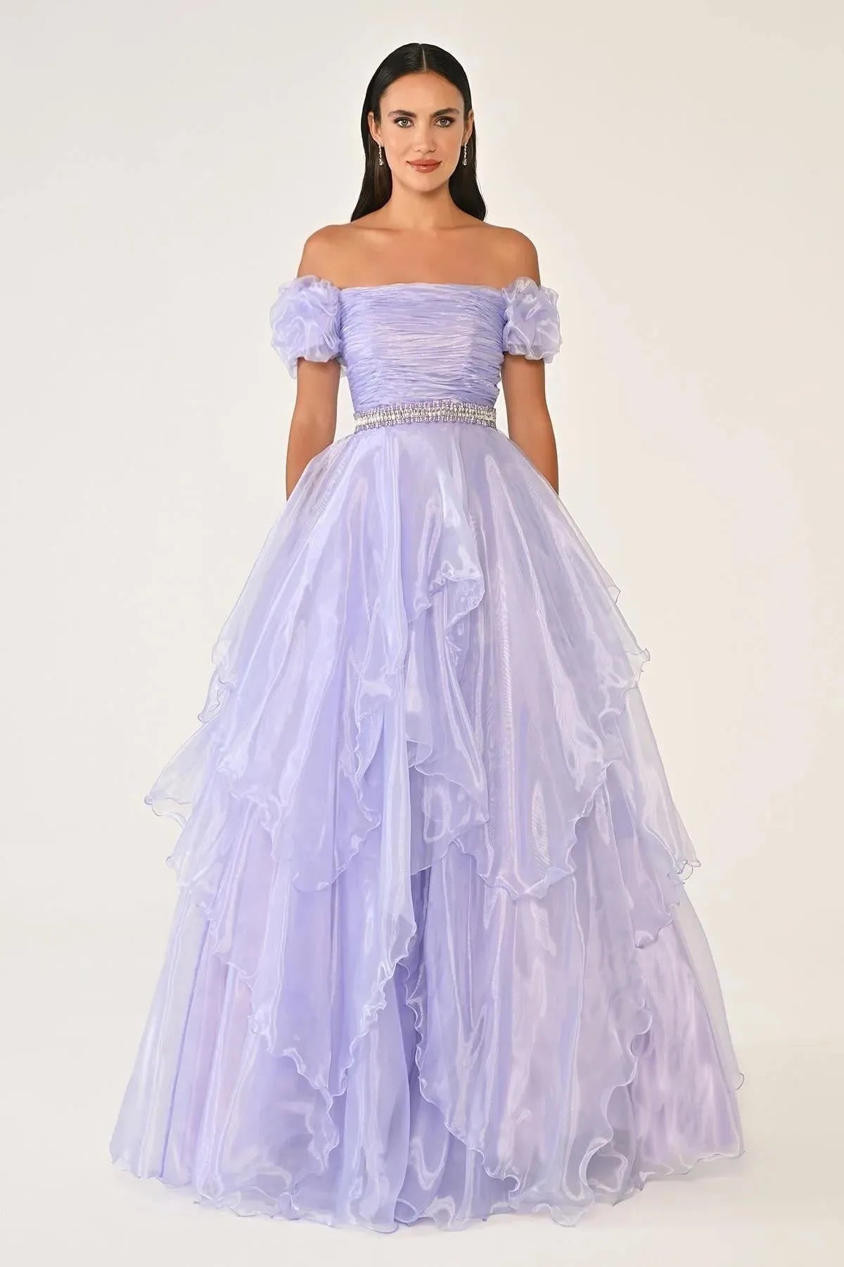 Off Shoulder Layered Princess Skirt Organza Long Evening Dress