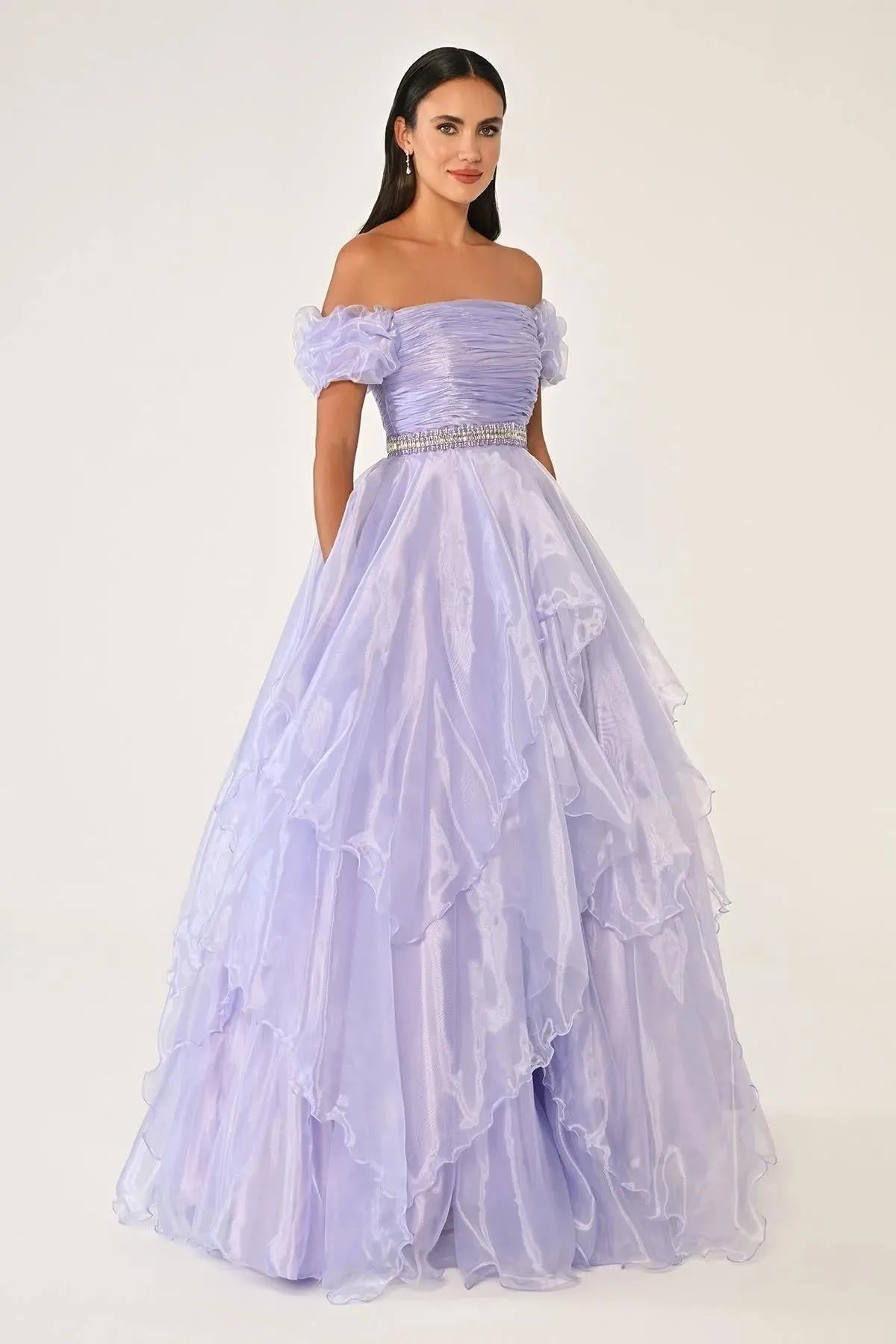 Off Shoulder Layered Princess Skirt Organza Long Evening Dress
