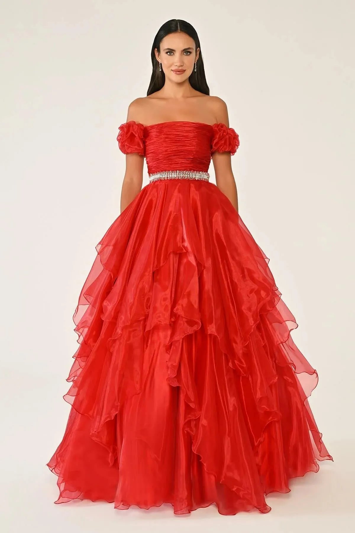 Off Shoulder Layered Princess Skirt Organza Long Evening Dress