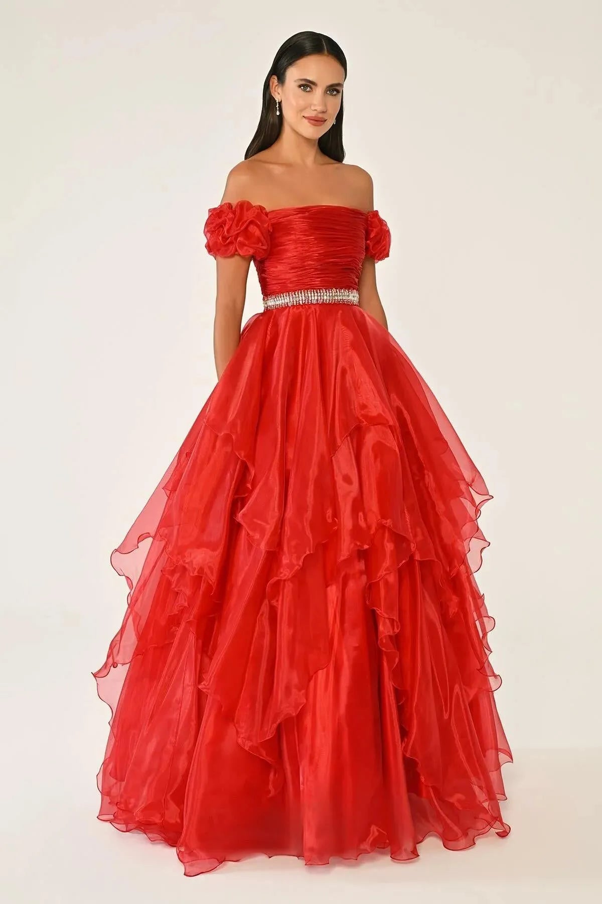 Off Shoulder Layered Princess Skirt Organza Long Evening Dress