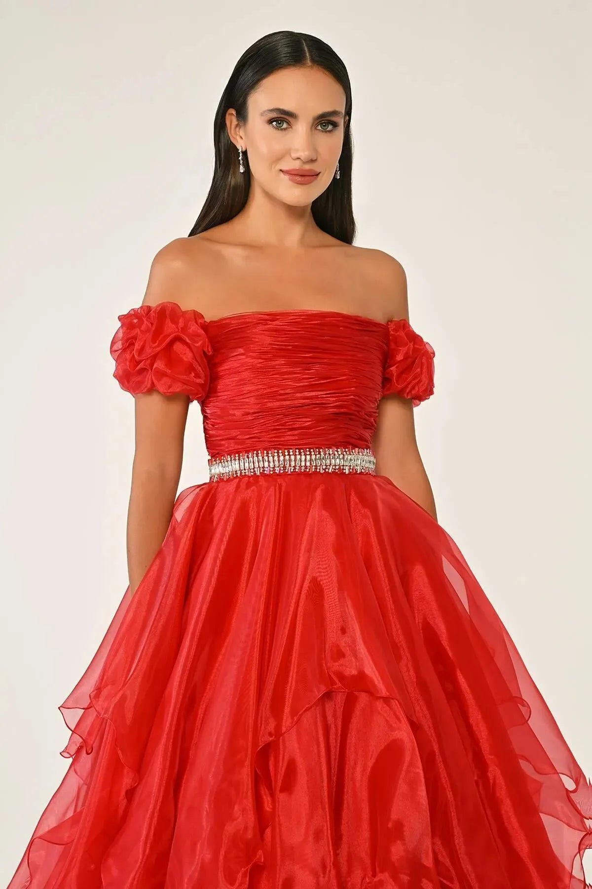 Off Shoulder Layered Princess Skirt Organza Long Evening Dress