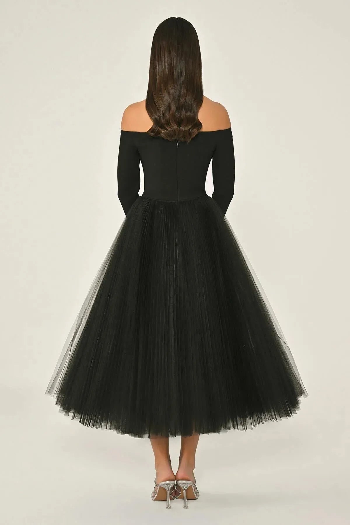 Open Shoulder Button Detailed Sleeved Tulle Skirt Midi Evening Dress