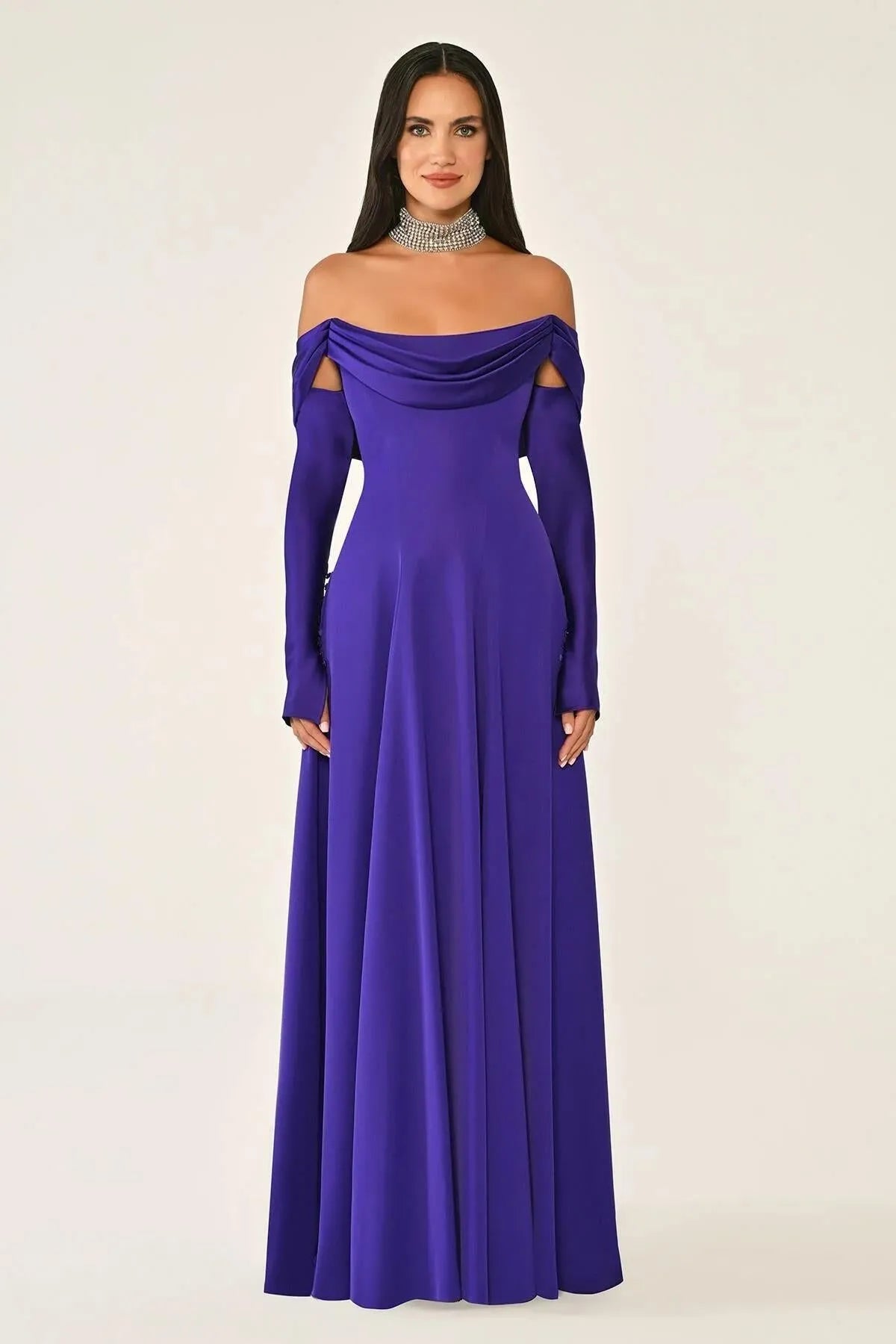 Off Shoulder Sleeves Satin Crepe Long Evening Dress