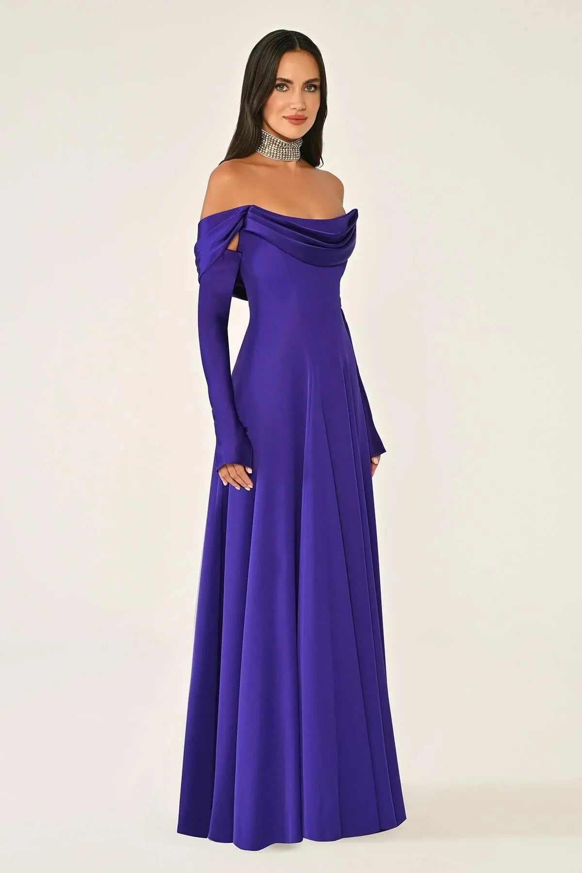 Off Shoulder Sleeves Satin Crepe Long Evening Dress