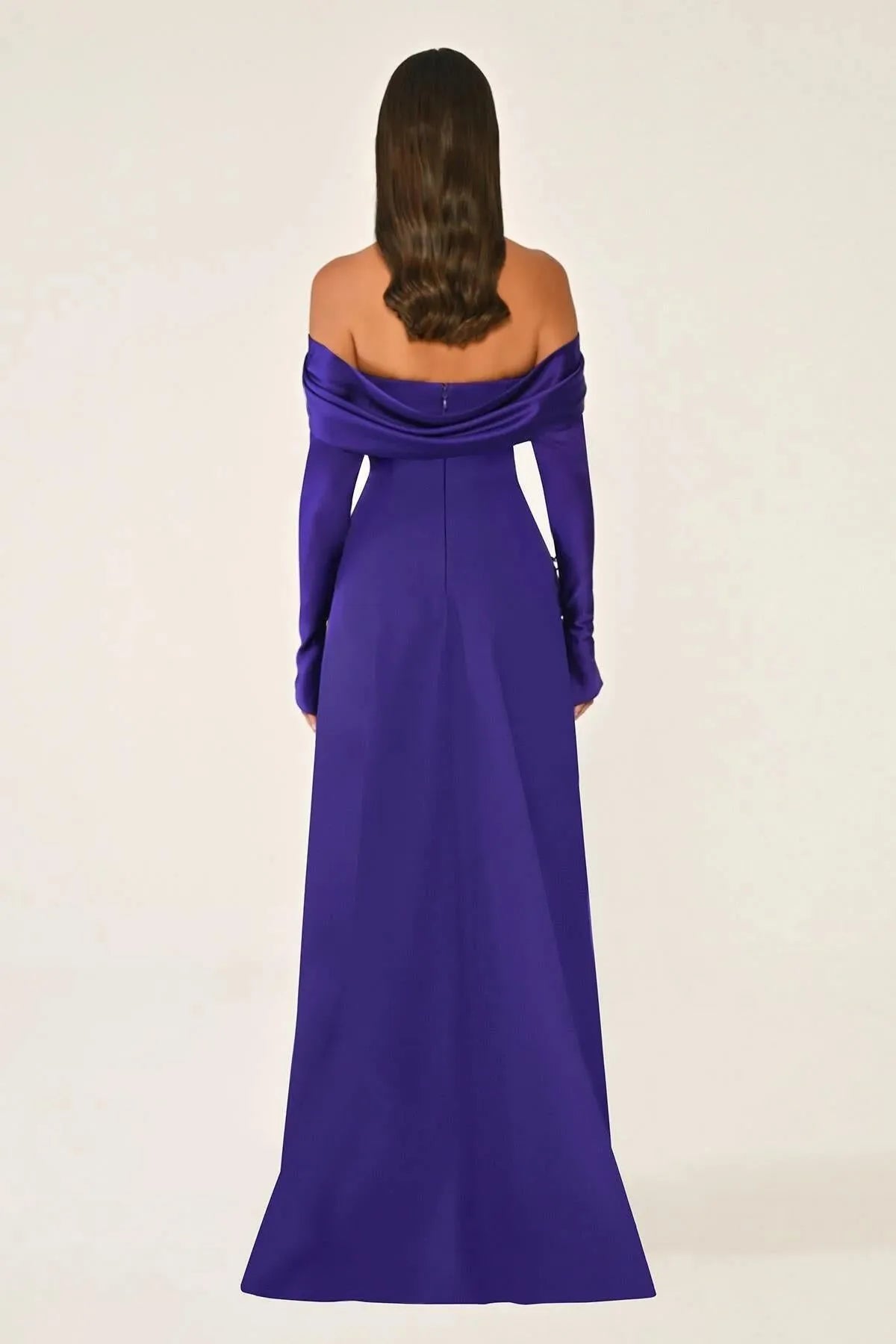 Off Shoulder Sleeves Satin Crepe Long Evening Dress