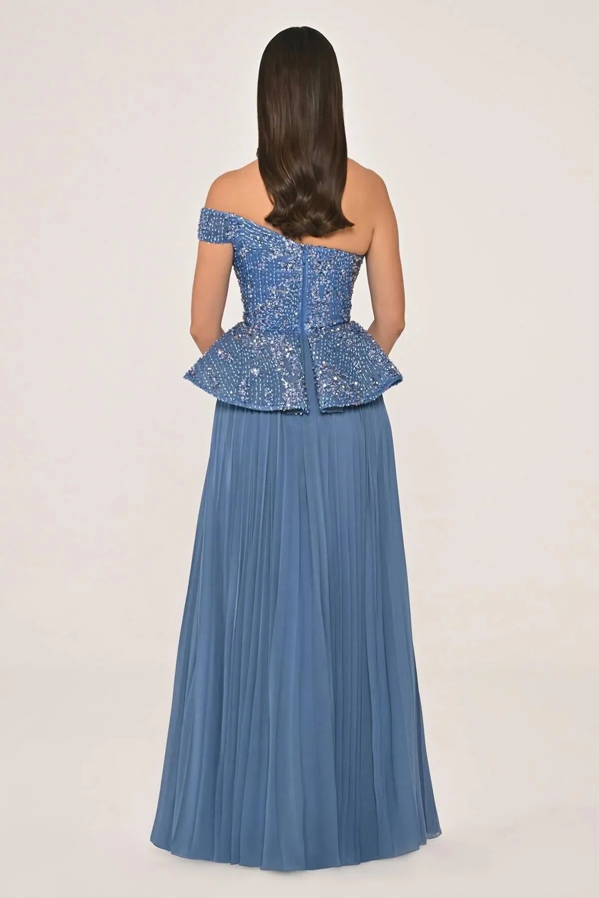 Single Off Shoulder Sequin and Stone Detail Pleated Skirt Chiffon Long Evening Dress