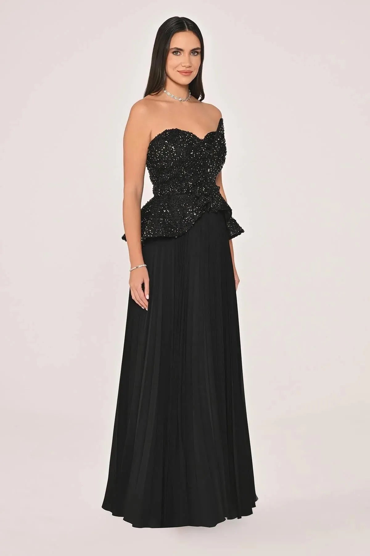 Single Off Shoulder Sequin and Stone Detail Pleated Skirt Chiffon Long Evening Dress