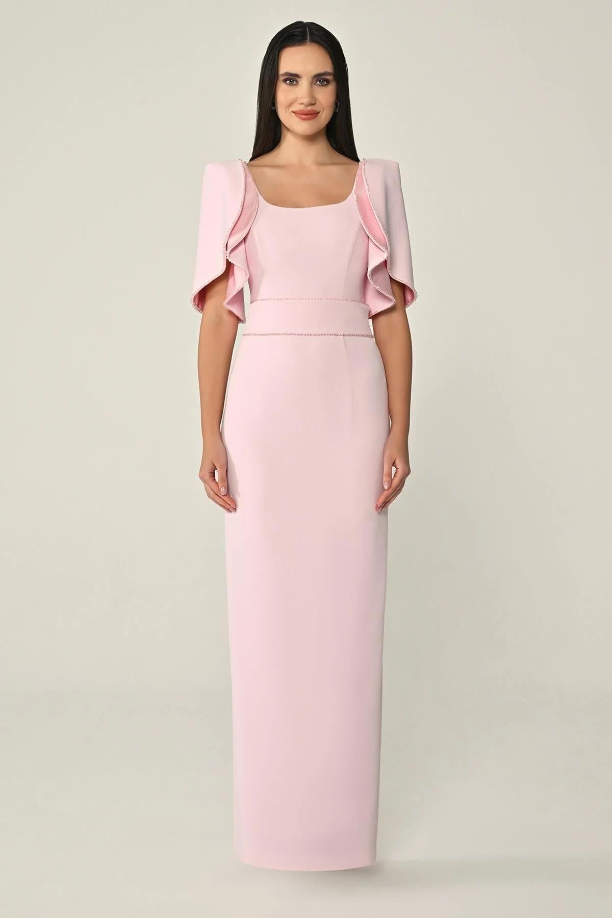 Flowy Sleeve Striped Stone Crepe Long Evening Dress