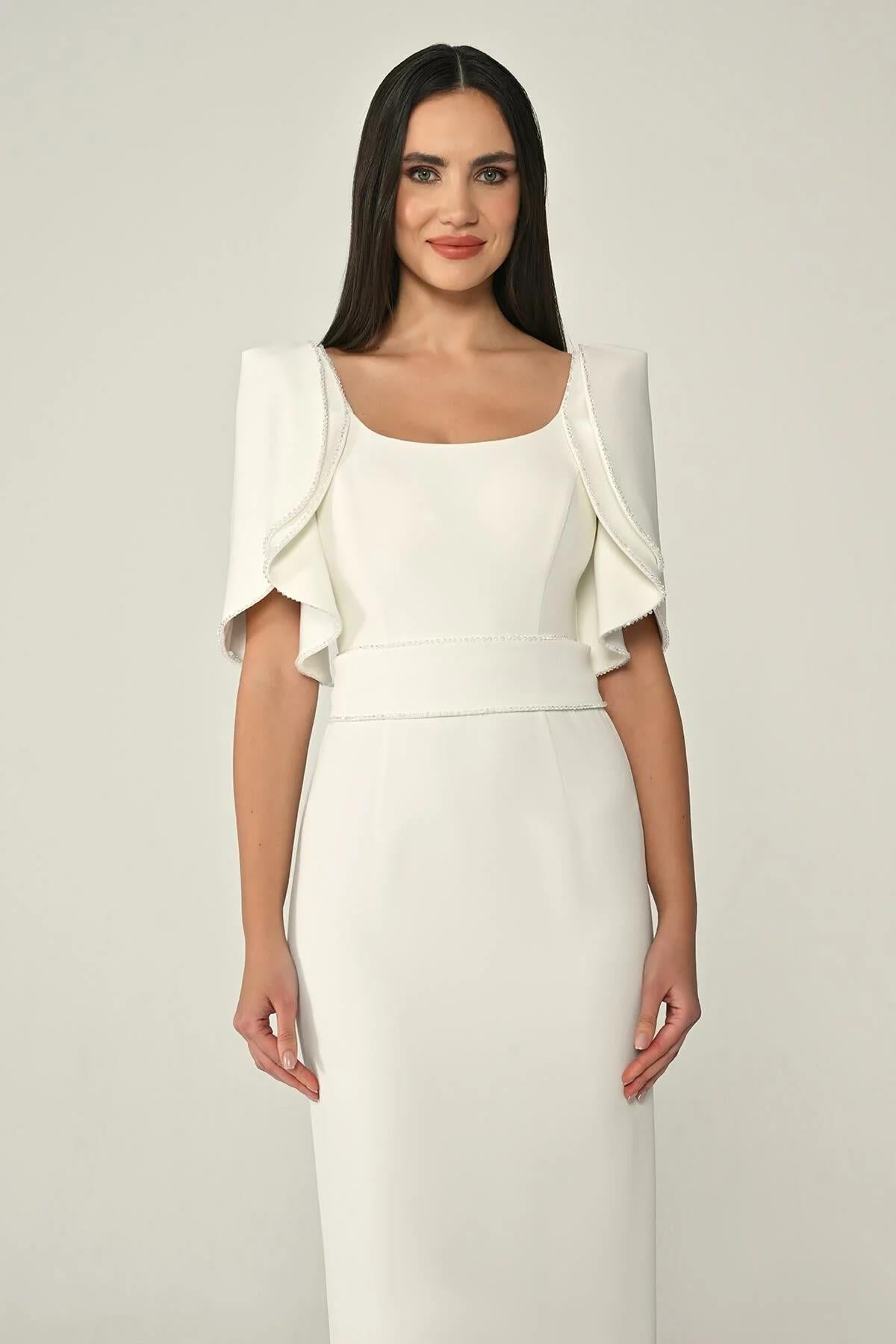 Flowy Sleeve Striped Stone Crepe Long Evening Dress