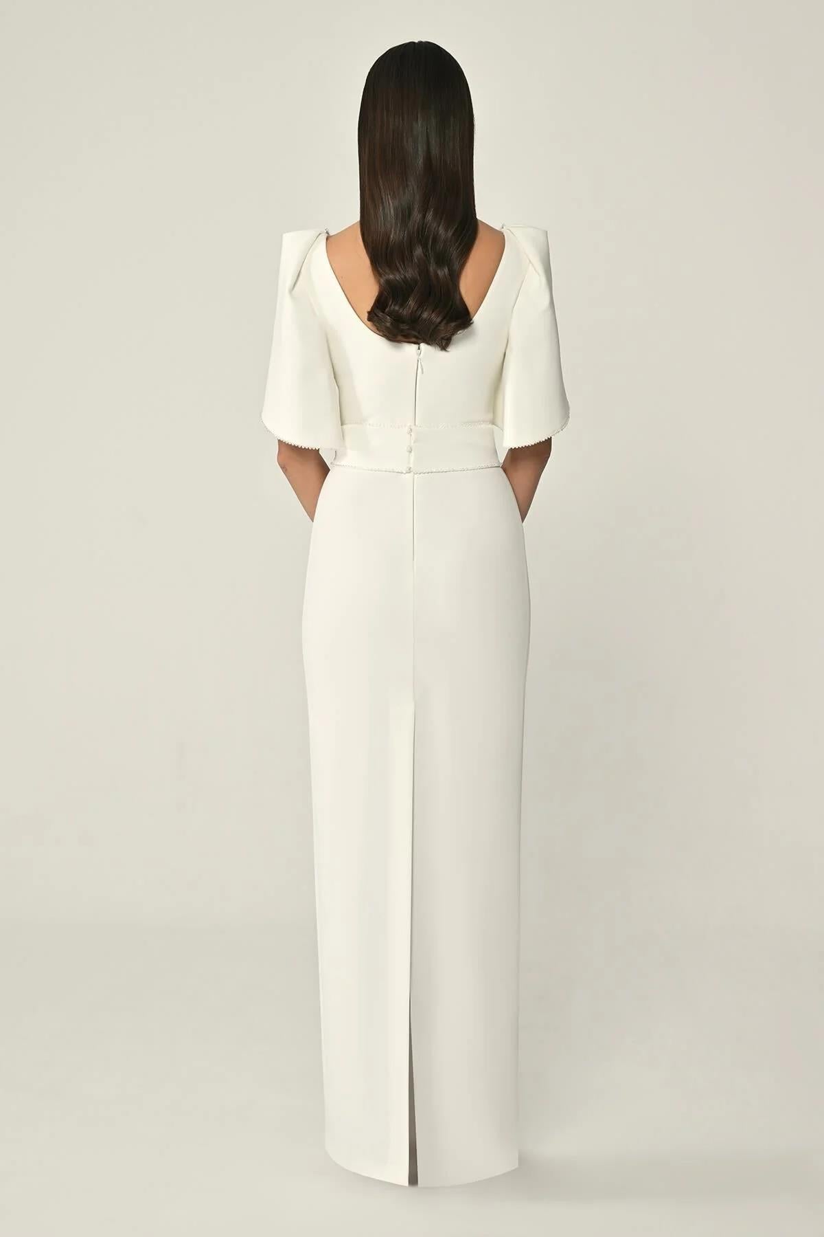Flowy Sleeve Striped Stone Crepe Long Evening Dress
