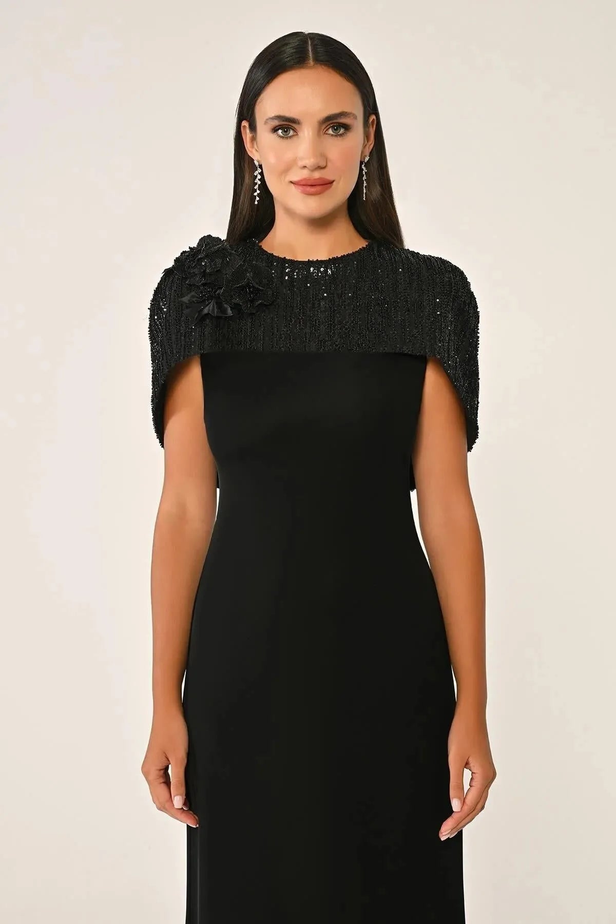 Sequin Shawl Crepe Long Evening Dress with Shoulder Flower Accessory