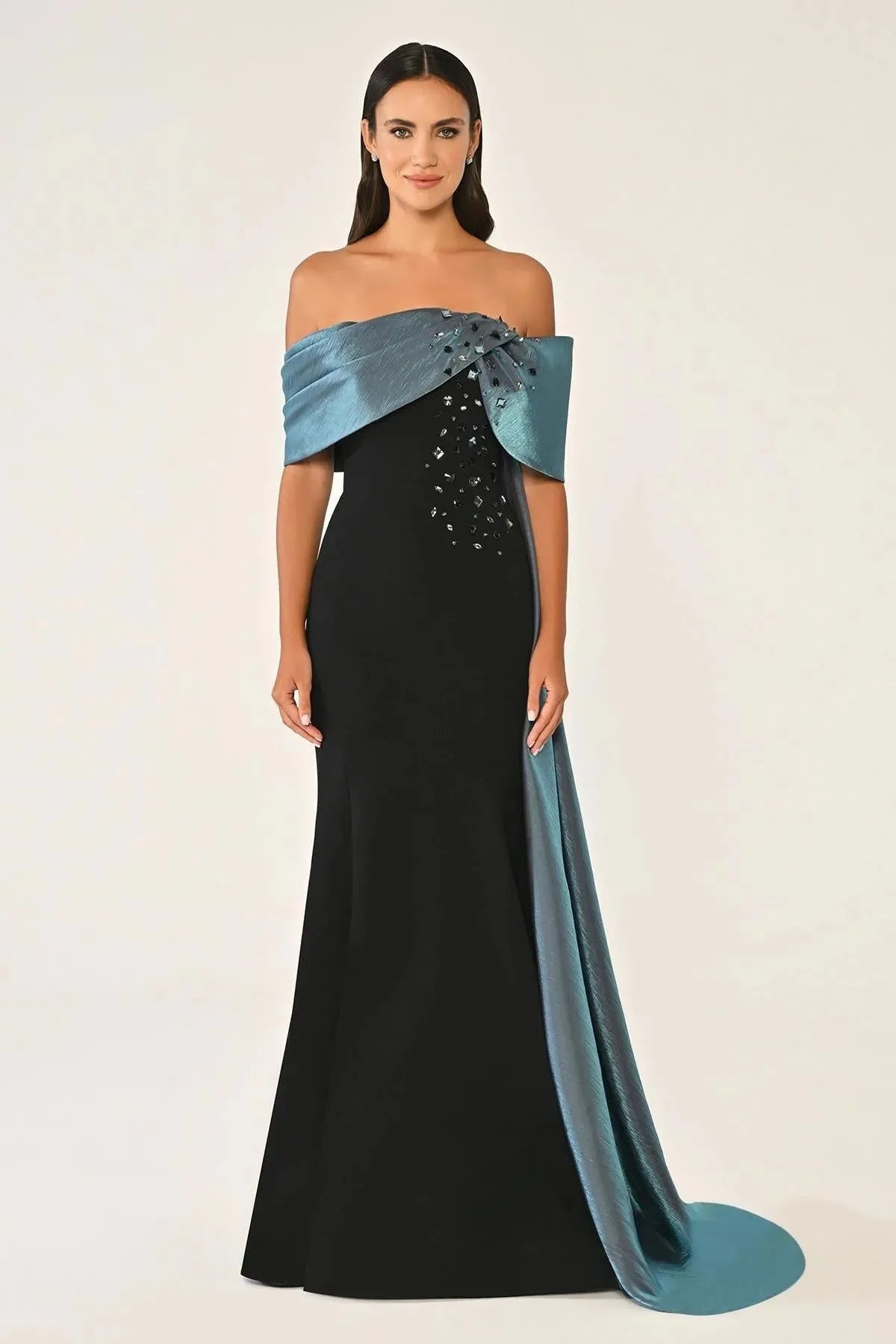 Off Shoulder Top Stone Detailed Tailed Evening Crepe Dress