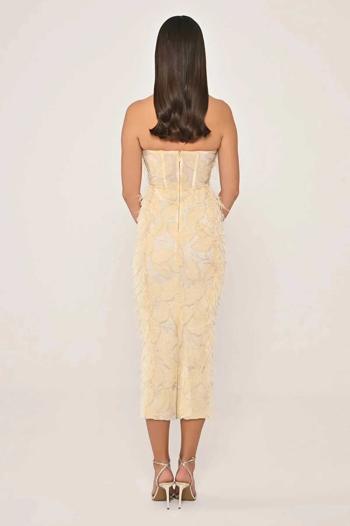 Strapless Pearl and Bead Detailed Otris Midi Evening Dress