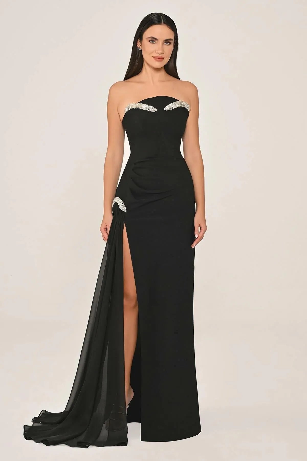 Strapless Accessory Side Chiffon Tail Crepe Long Evening Dress