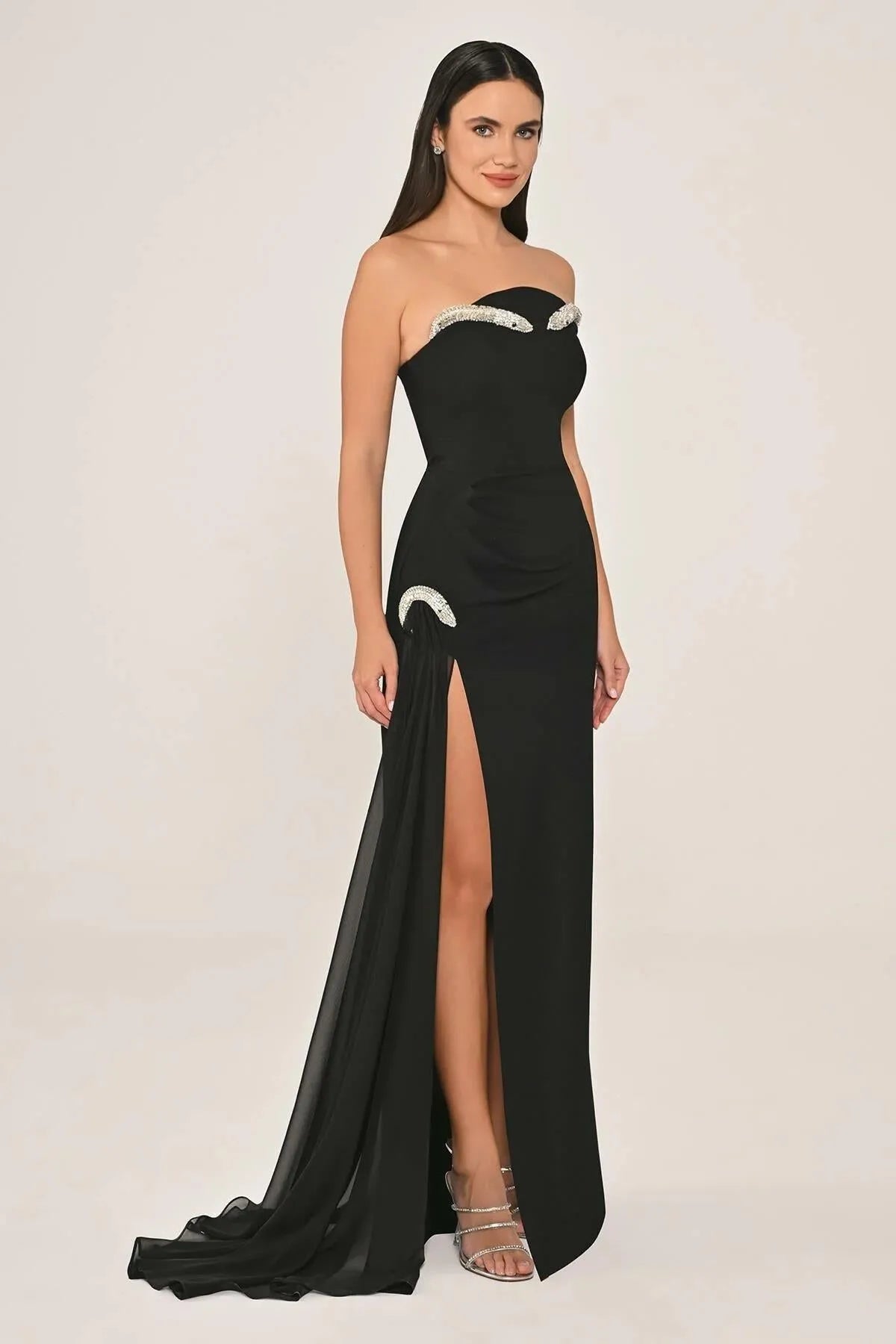 Strapless Accessory Side Chiffon Tail Crepe Long Evening Dress