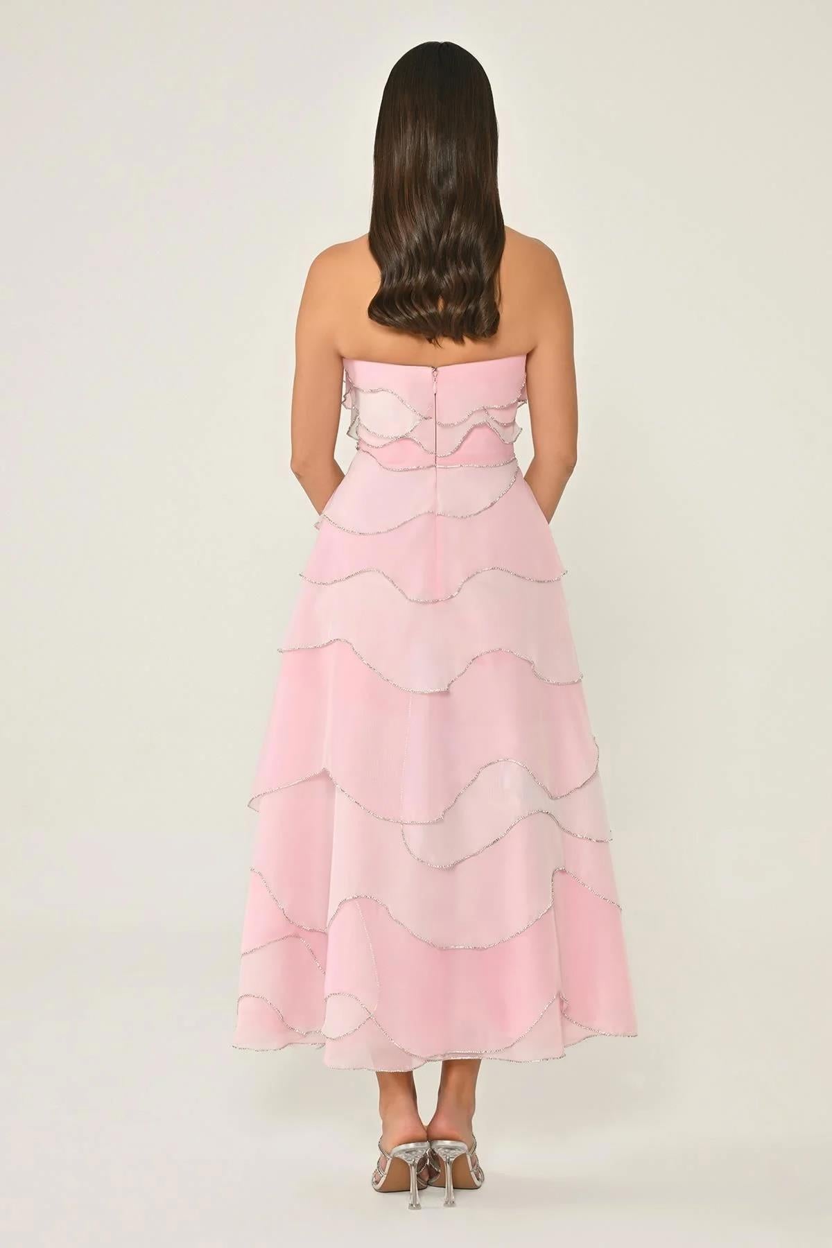 Strapless Stoned Layered Organza Midi Evening Dress