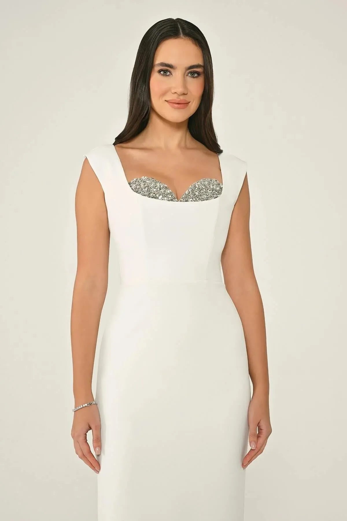 Crepe Midi Evening Dress with Chest Accessory