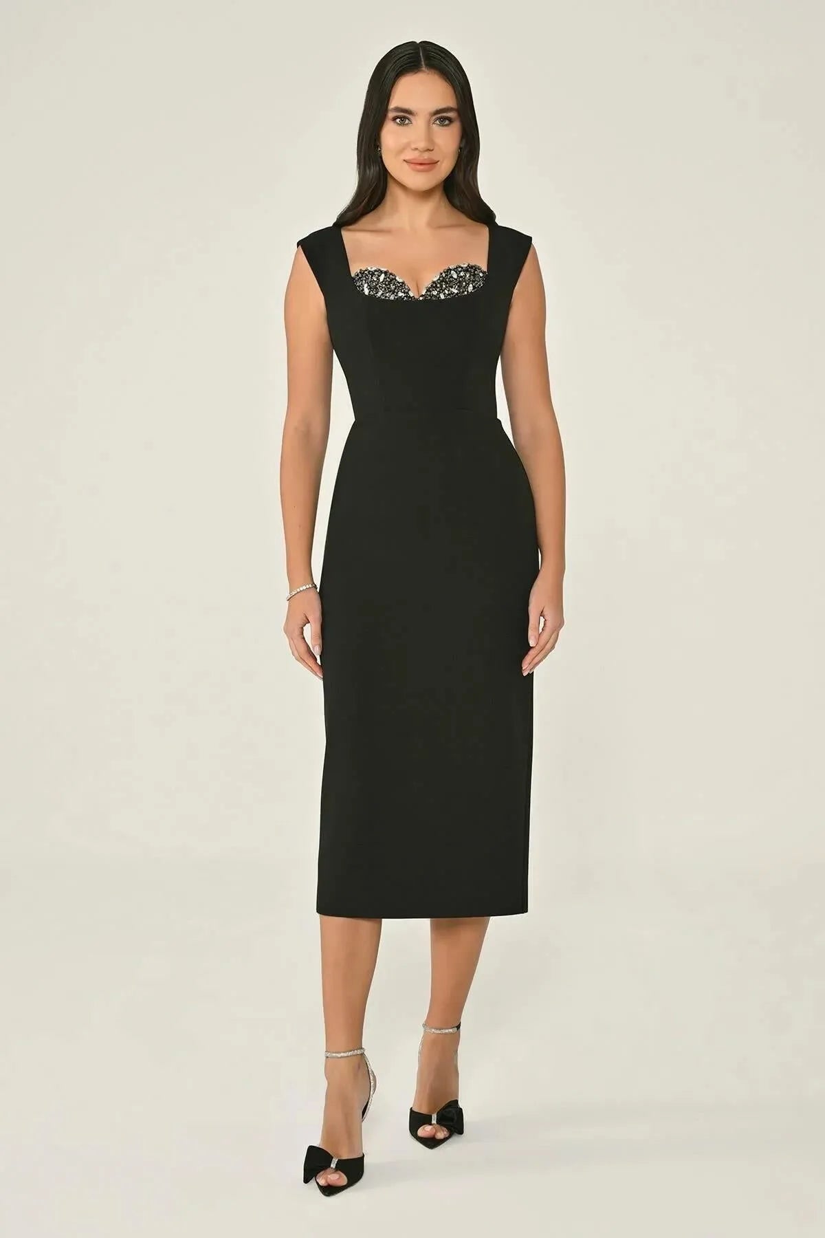 Crepe Midi Evening Dress with Chest Accessory