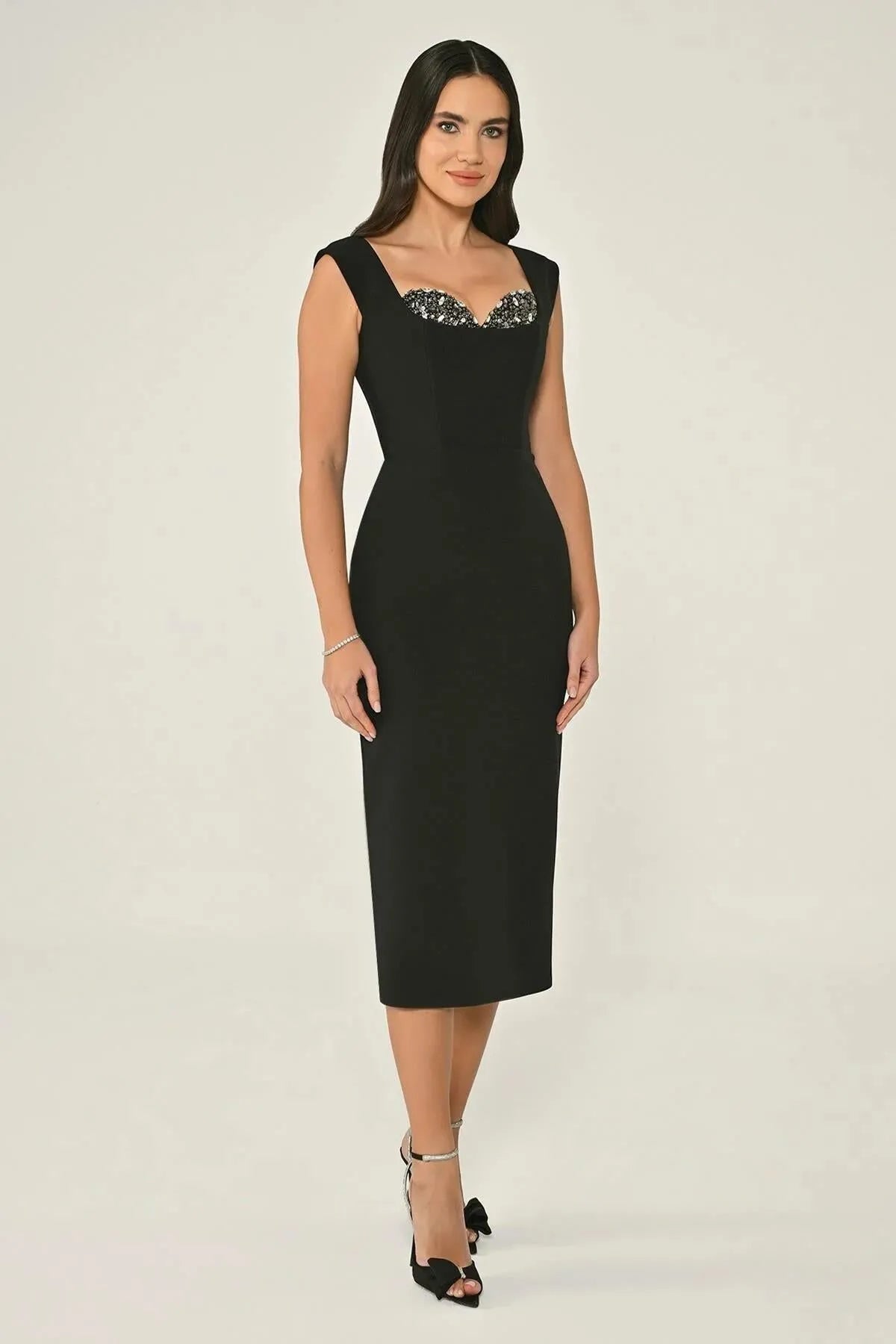 Crepe Midi Evening Dress with Chest Accessory